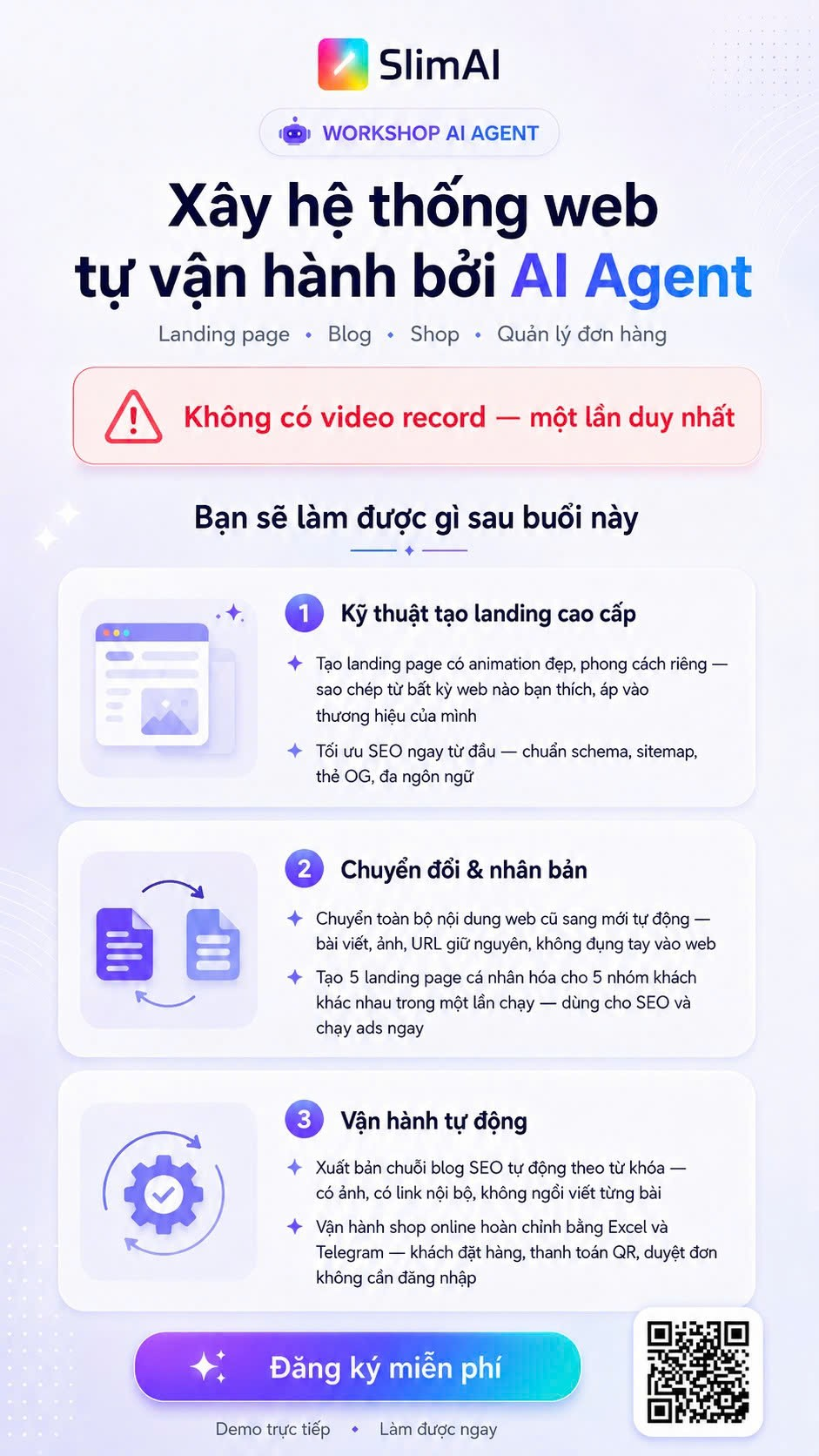 Thông tin workshop AI Agent xây hệ thống web tự vận hành bởi SlimAI