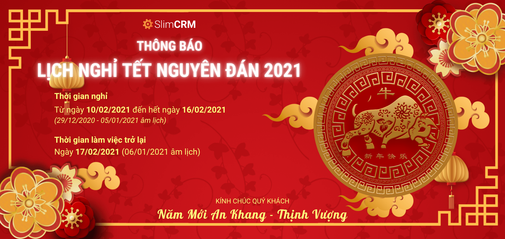 SlimCRM gửi lời tri ân khách hàng và thông báo lịch nghỉ Tết Tân Sửu 2021